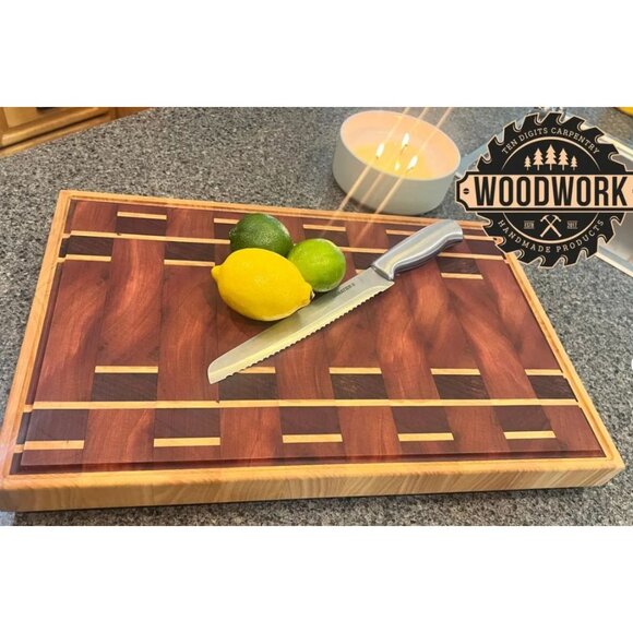 African Padauk, Ash, Beeswax, & Mahogany Handcrafted Wooden Cutting Board - Picture 6 of 9